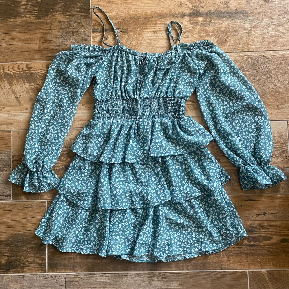 Blue floral ruffled off-shoulder dress